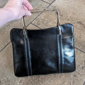 Jane Shilton Vintage Patent Leather Metal Top Handle Luxurious Evening Bag Black